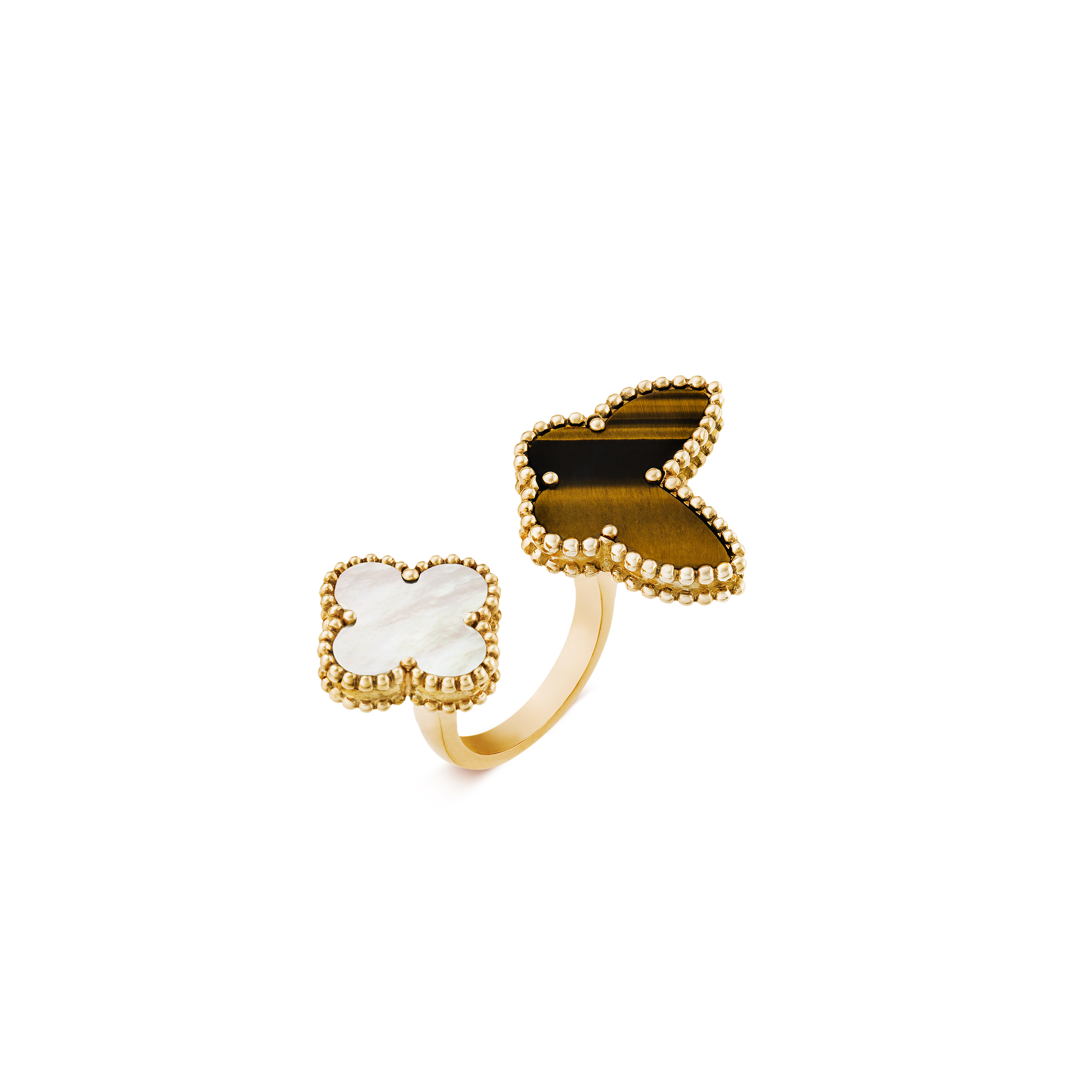 VAN CLEEF  ARPELS LUCKY ALHAMBRA BETWEEN THE FINGER RING - YELLOW GOLD, MOTHER-OF-PEARL, TIGER EYE VCARN05800